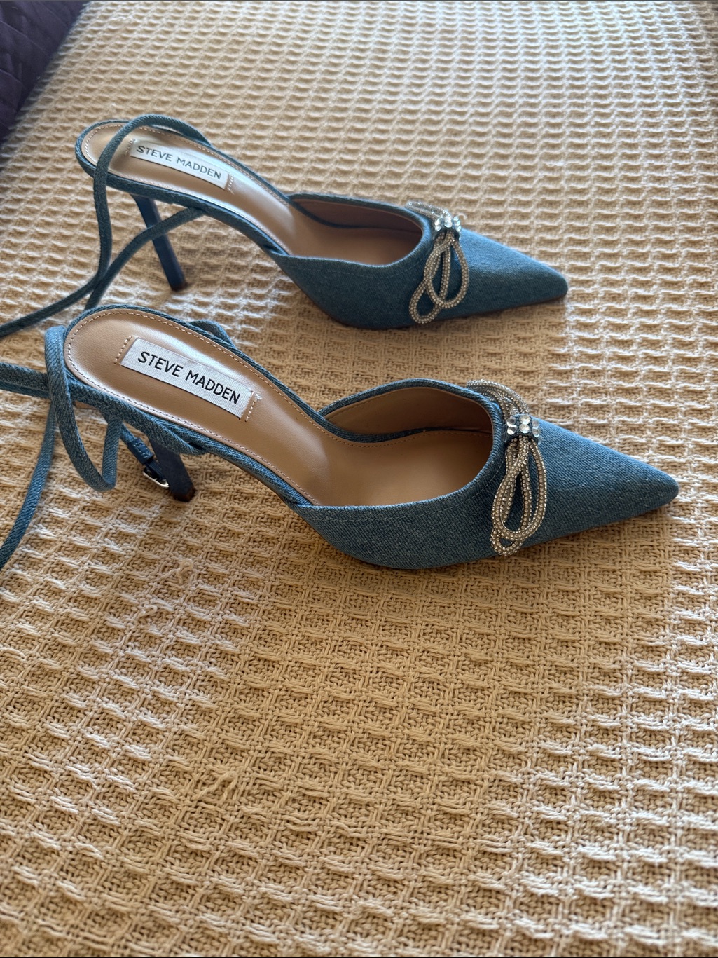 Steve Madden Denim Pointed Toe Crystal Bow Slingback Heels